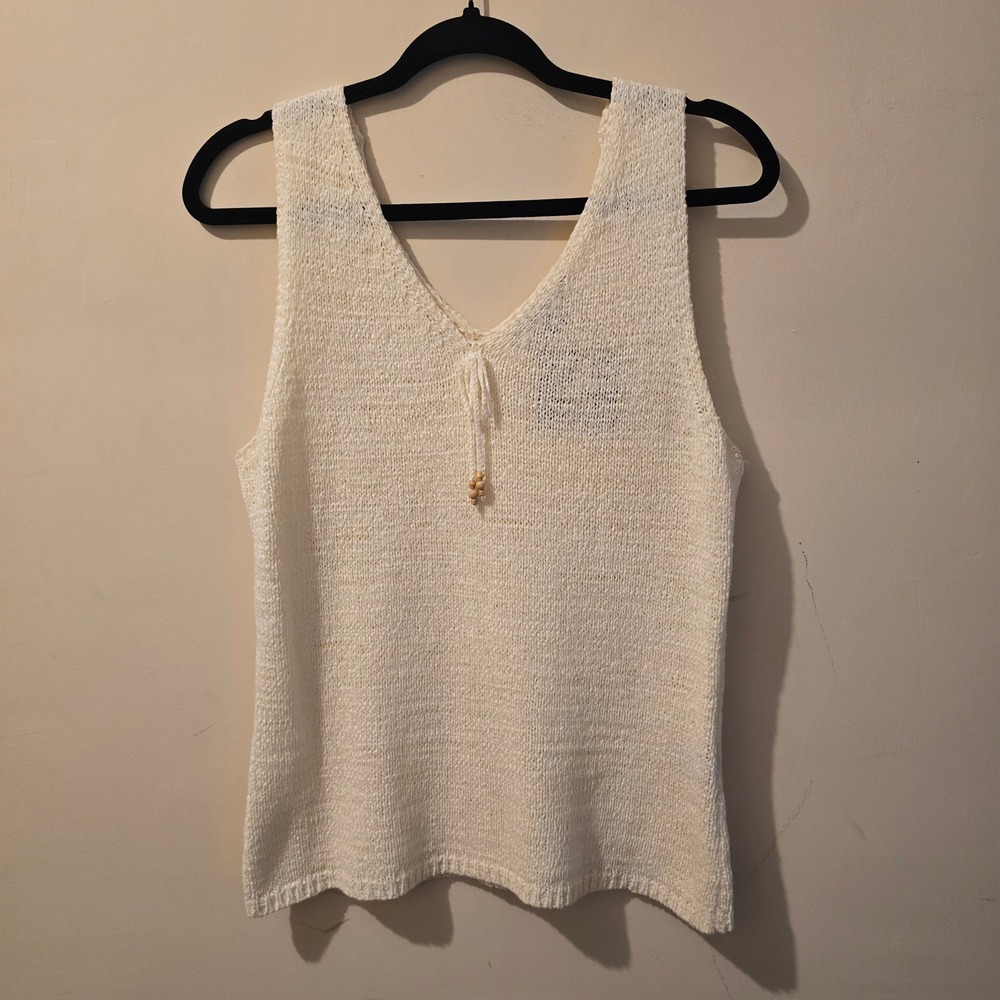 August Silk Knits Tank Top Womens Large Ivory V-Neck Beaded Tie Sweater